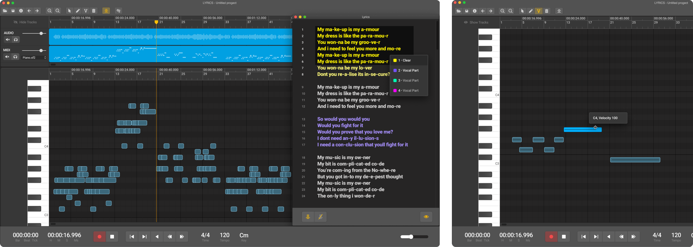 Lyrics DAW editor — piano roll and lyrics sync